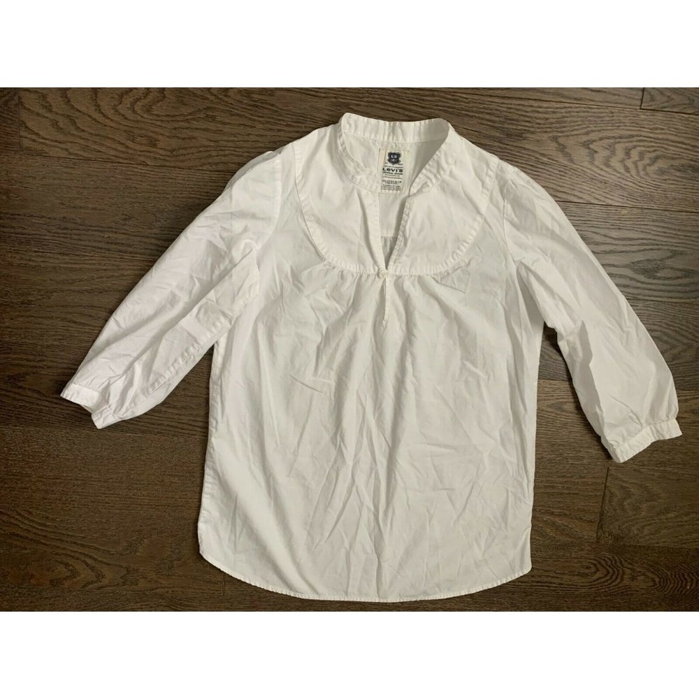 Women’s Cotton Tunic Top 3/4 long sleeve Blouse White Henley Neck XS white